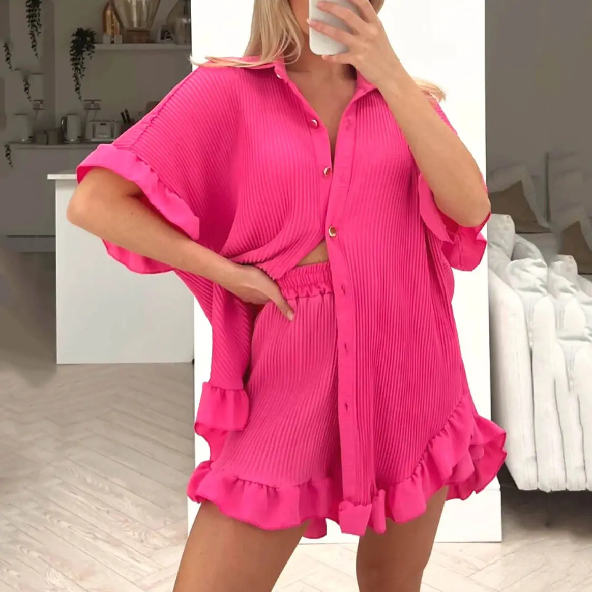 Enyami Summer Autumn Lounge Wear Bright Pleated Coords Ruffles Design Short Sleeves Shirt Blouse Shorts Plisse Two Piece Sets