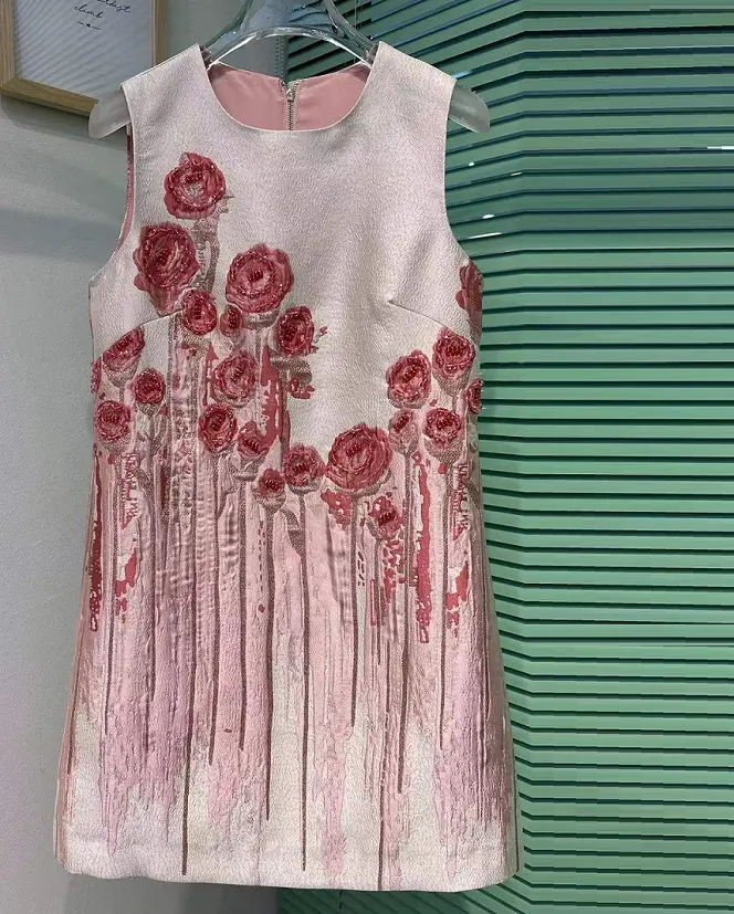 Top Qualität Neu Herbst kleid Damen Vintage Jacquard Drucke Rose Blumenmuster Ärmelloses Slim Fit Kleid Sexy über dem Knie