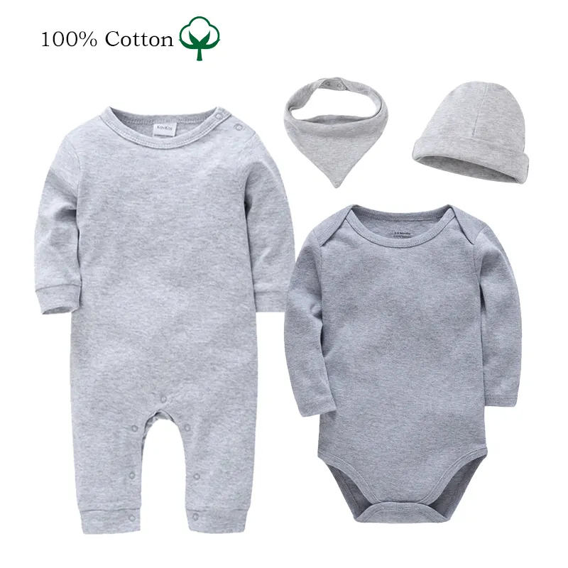 Ensemble de cadeaux pour nouveau-né, barboteuse personnalisée pour bébé, combinaison grise pour garçon, chapeau, costume pour filles, vêtements de couleur unie, 100%