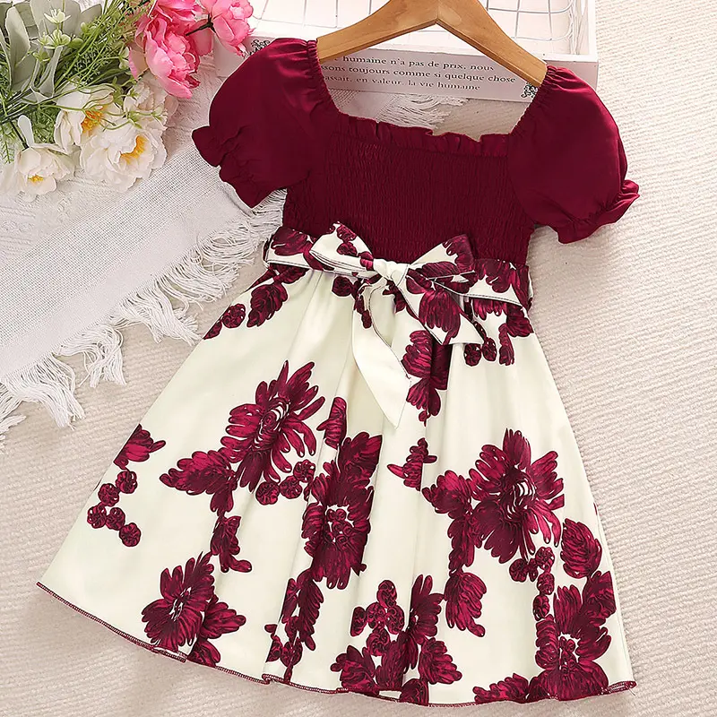 2023 Summer Girls Dress 4-7 Years Casual Short Sleeve Printed Flower Baby Skirts