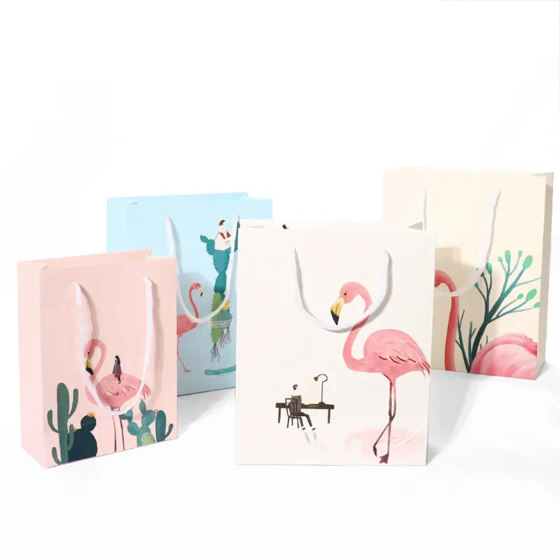 Hersteller anpassen Logo Geschenk Papiertüte Flamingo Muster tragbare Einkaufstasche