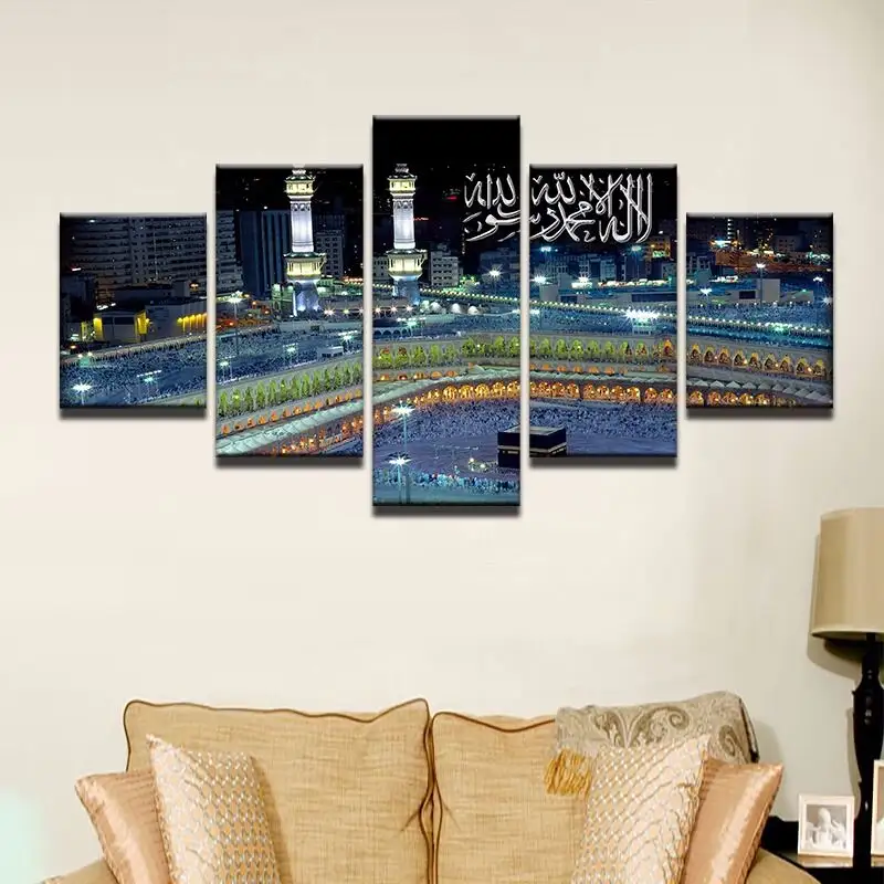 Настенная Картина на холсте 5 панелей, Постер Кааба, стильные мусульманские картины для гостиной, мусульманский Куадрос, современный декор, картины с храмами