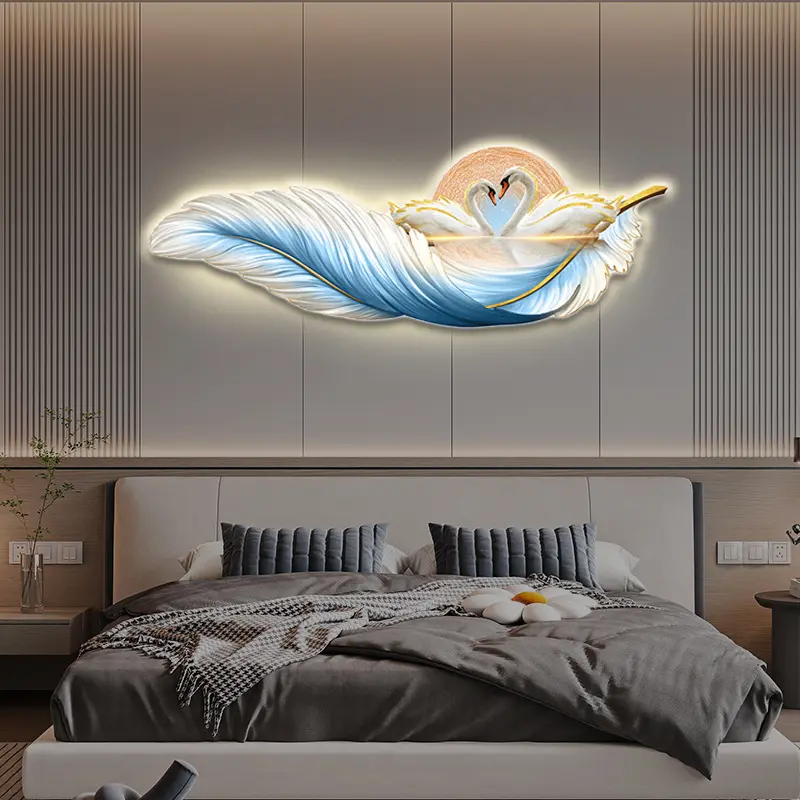 Modern UV baskılar için kuğu tüy akrilik cam duvar sanatı LED ışık boyama yatak odası dekorasyon
