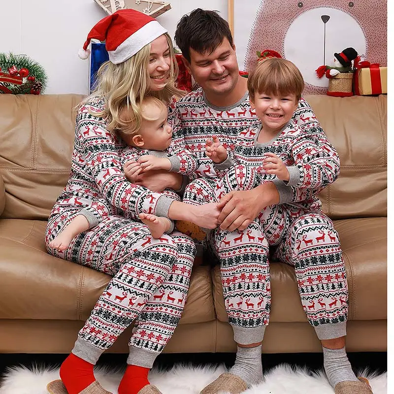 Festival padre-hijo cuello redondo manga larga ropa de casa conjunto nieve Navidad estampado moda familia pijamas conjunto