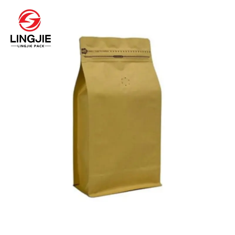 LingJie sacchetto da caffè marrone con fondo piatto per alimenti con valvola unidirezionale e cerniera laterale riutilizzabile per biscotti e caffè