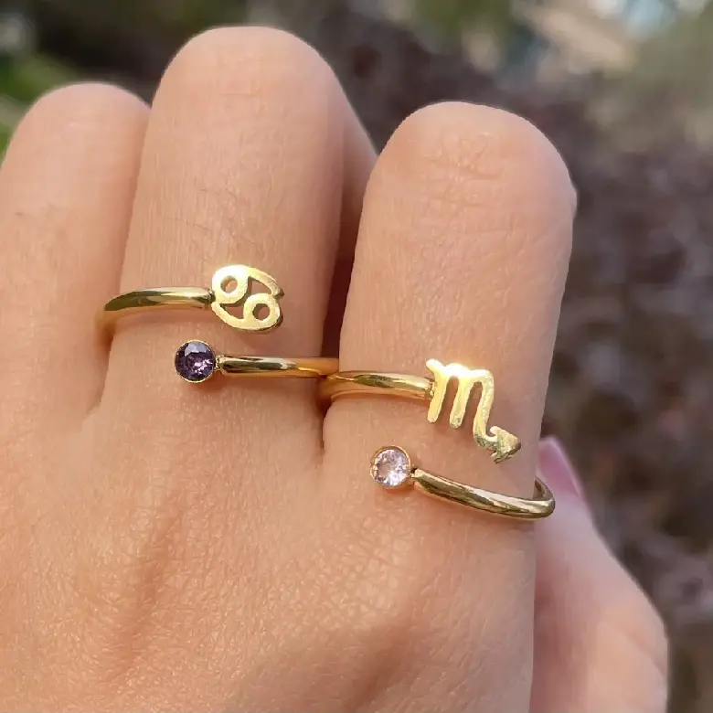 Anillos de dedo chapados en oro de 18k para mujer, anillo ajustable abierto de acero inoxidable con signo del zodiaco y piedra de nacimiento, regalo, novedad de 2023