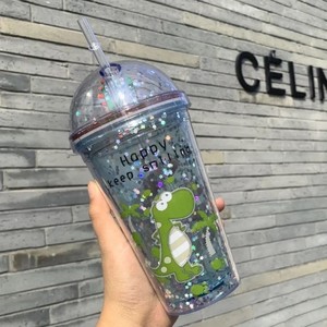 RTS热卖批发个性化创意恐龙可爱动物造型可重复使用塑料旅行杯双壁不倒翁杯