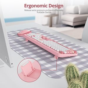 Combo de teclado y ratón inalámbricos, teclado inalámbrico Retro con teclas redondas, ratón de teclado inalámbrico bonito USB de tamaño completo de 2,4 GHz