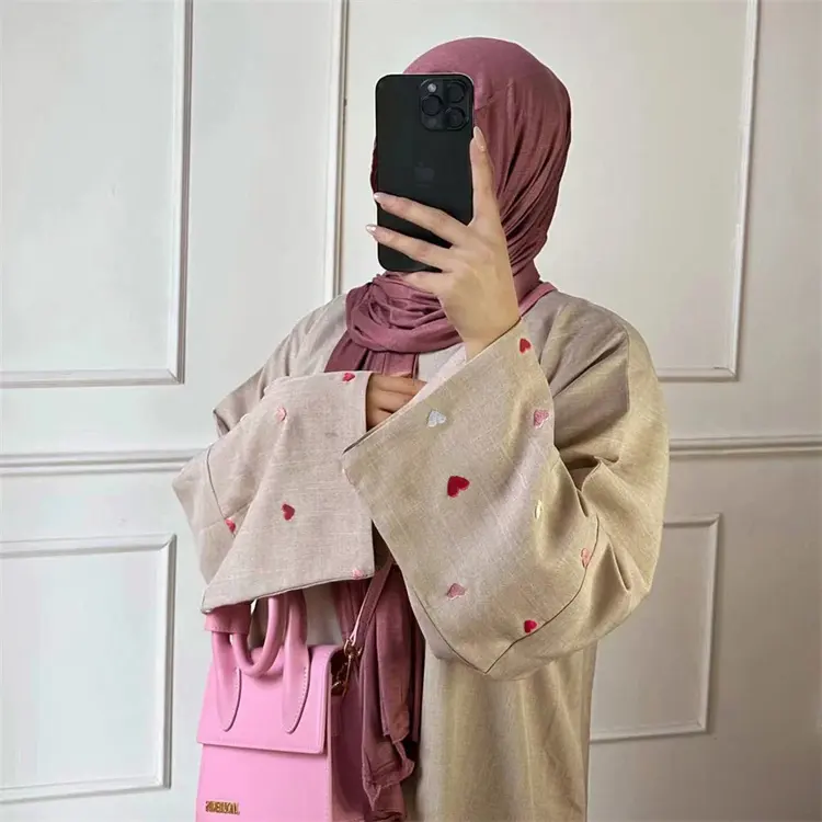 Nouvelle broderie coeur forme lin ouvert abaya dubai Ramadan femmes musulmanes abaya lin robe abaya avec coeur vêtements islamiques