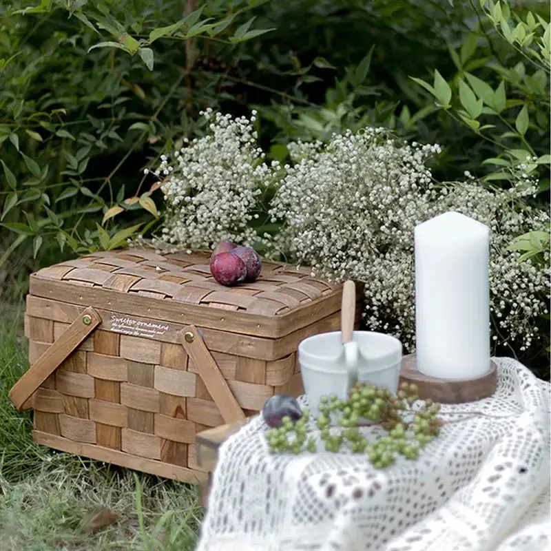 Cesta de picnic tejida francesa con tapa, cesta de almacenamiento con asa, tienda de horneado, exhibición de pan, accesorios de boda de bosque