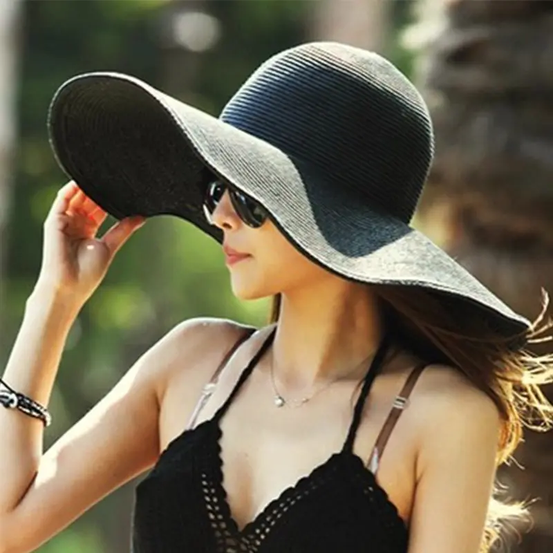 Papel de alta calidad plegable 58cm ala ancha playa hawaiana al aire libre señora Sol Negro sombreros de paja verano mujeres