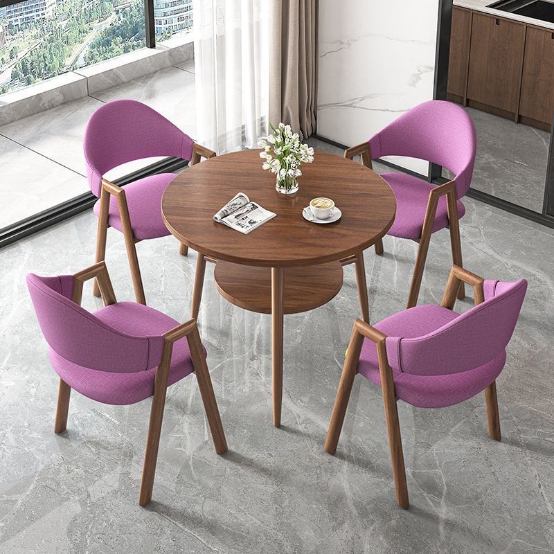 Round table + 4 purple fabric chairs-walnut legs