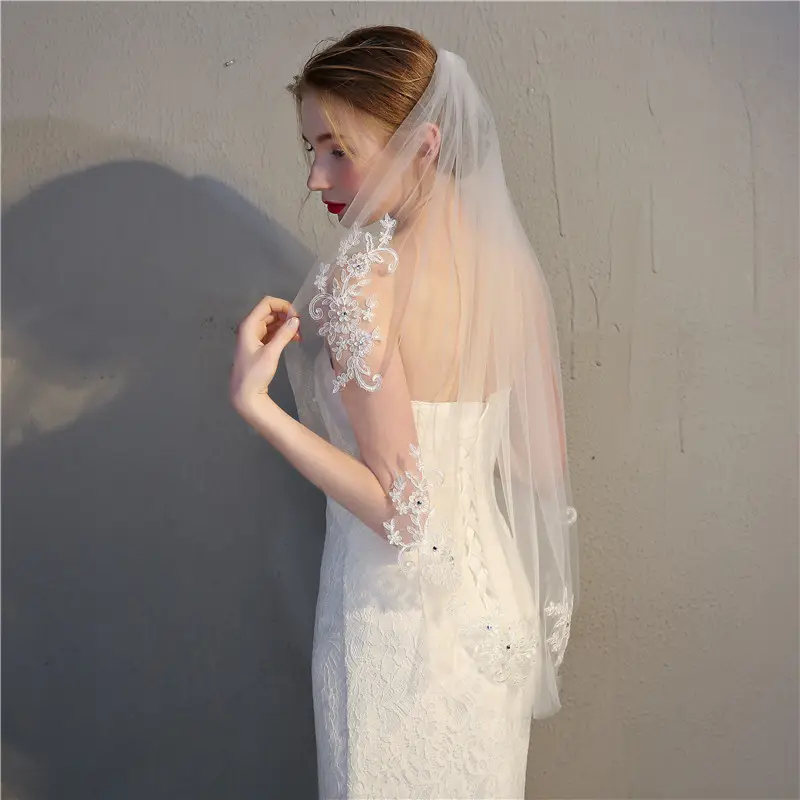 Voile de mariée court et romantique en dentelle, accessoire de mariage, une couche, blanc, bon marché, livraison gratuite