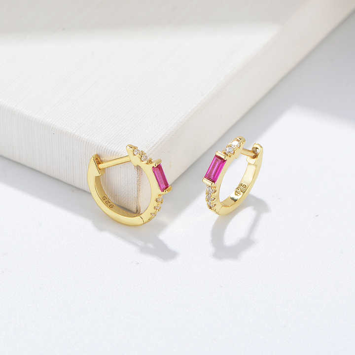Dainty Emerald Red Corundum Psj S 925 Sterling Silver 14k Gold Plated Bling Cubic Zirconia Huggie Earrings for Women Girls