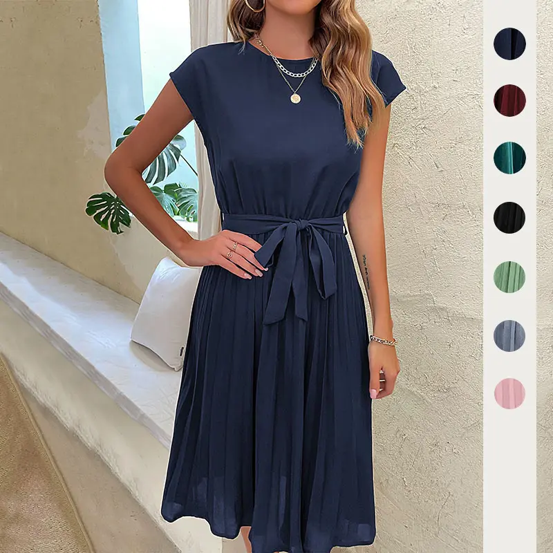 YFS hot 2024 summer new European and American dress holiday women's lace-up solid color pleated casual elegant dress