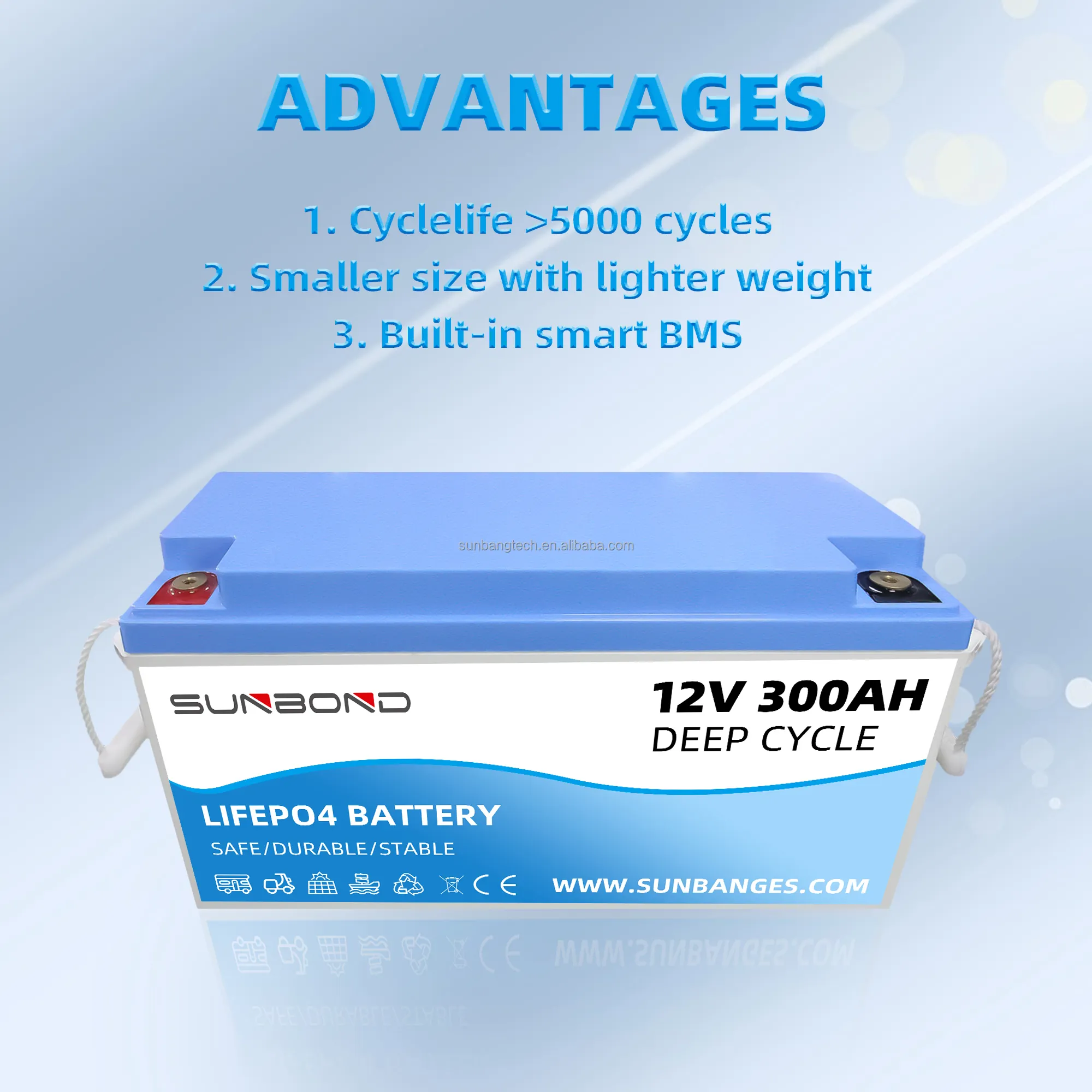 SUNBOND-batería de iones de litio recargable, 12V, 300Ah, 12v, 200ah, Lifepo4, para yate, autocaravana, Solar