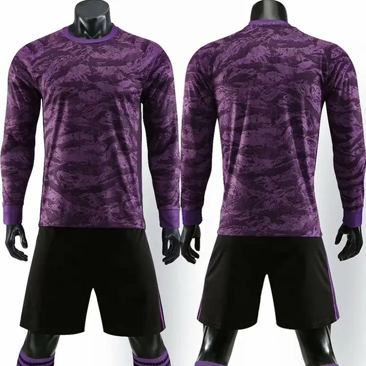 Venta caliente de manga larga camisetas de fútbol de alta calidad de encargo púrpura fútbol jersey de manga completa portero uniforme
