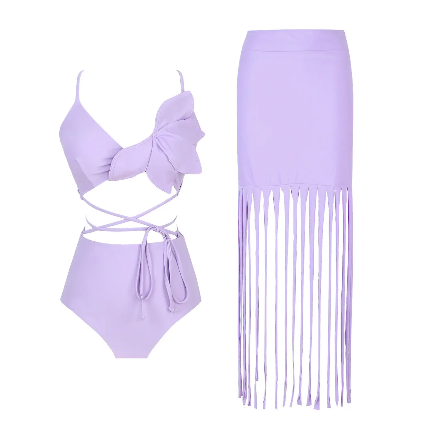 JSN maillot de bain à bretelles femmes taille haute gland enveloppé hanche jupe maillots de bain violet trois pièces Bikini ensemble