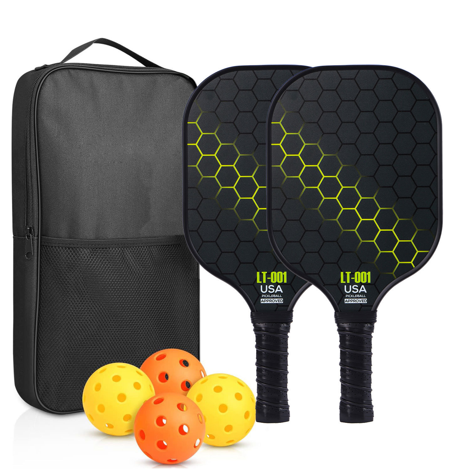 Yellow double-racket set with 4 balls-black bag-bq-356