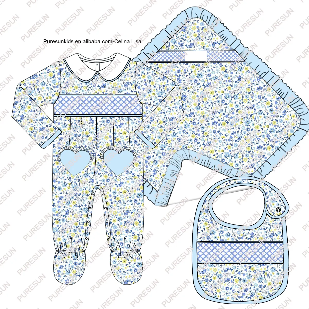 Crianças personalizadas high-end smocked roupas baby girl vestido floral com arco clipe set 100% algodão primavera toddler girl outfit