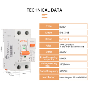 Disyuntor de corriente residual con protección contra sobrecorriente RCBO, 1P + N, 10mA, 30mA, 100mA, 300mA - Product Image 5