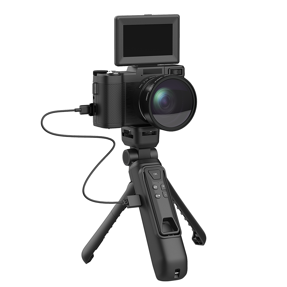 Black camera with lens and tripod