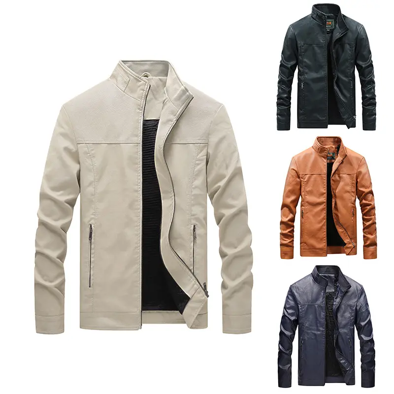 2023 модная мужская однотонная мотоциклетная куртка с воротником-стойкой из искусственной кожи пальто больших размеров для мужской куртки