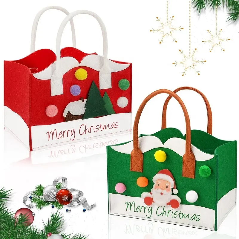 मल्टीफंक्शनल फेल्ट क्रिसमस टोट गिफ्ट बैग हैंडल के साथ हॉलिडे पार्टी सप्लाई के लिए सांता के साथ पुन: प्रयोज्य क्रिसमस गिफ्ट बैग