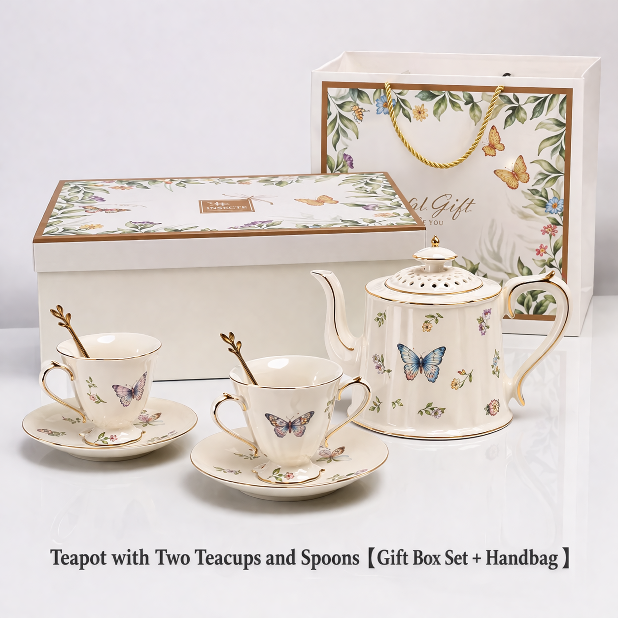 Juego de Té con Tetera, Dos Tazas y Cucharas en Estuche de Regalo con Bolso de Mano