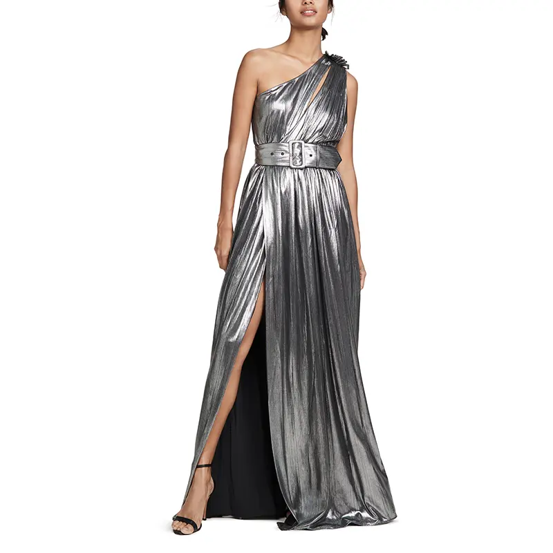 Robe de soirée asymétrique, à une épaule dénudée, longueur au sol avec fente frontale, luxueuse et Sexy, de couleur argent brillante, tenue de soirée de standing, à manches simples