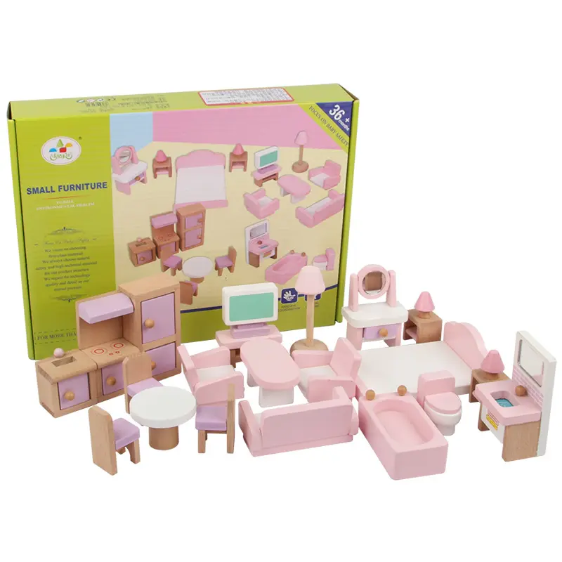 Mebel Rumah Boneka Kayu Rumah Boneka Miniatur Kamar Mandi Ruang Tamu Ruang Makan Kamar Tidur Dapur Rumah Berpura-pura Bermain Mainan Anak-anak