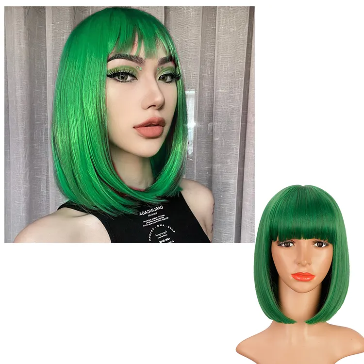 Verde curto reta Bob perucas sintéticas com franja ombro comprimento cosplay peruca de cabelo para as mulheres natural olhando
