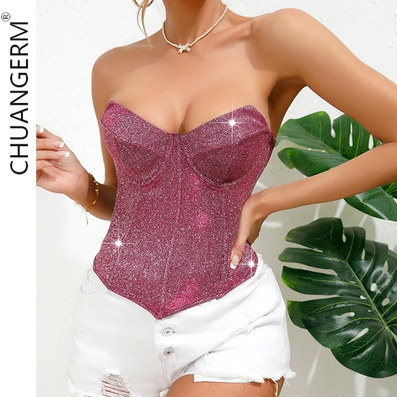 Chuangerm Factory Direct High Quality Nightclub Purple Lace up corsé con cuello en V Fishbone Strapless sequin corset