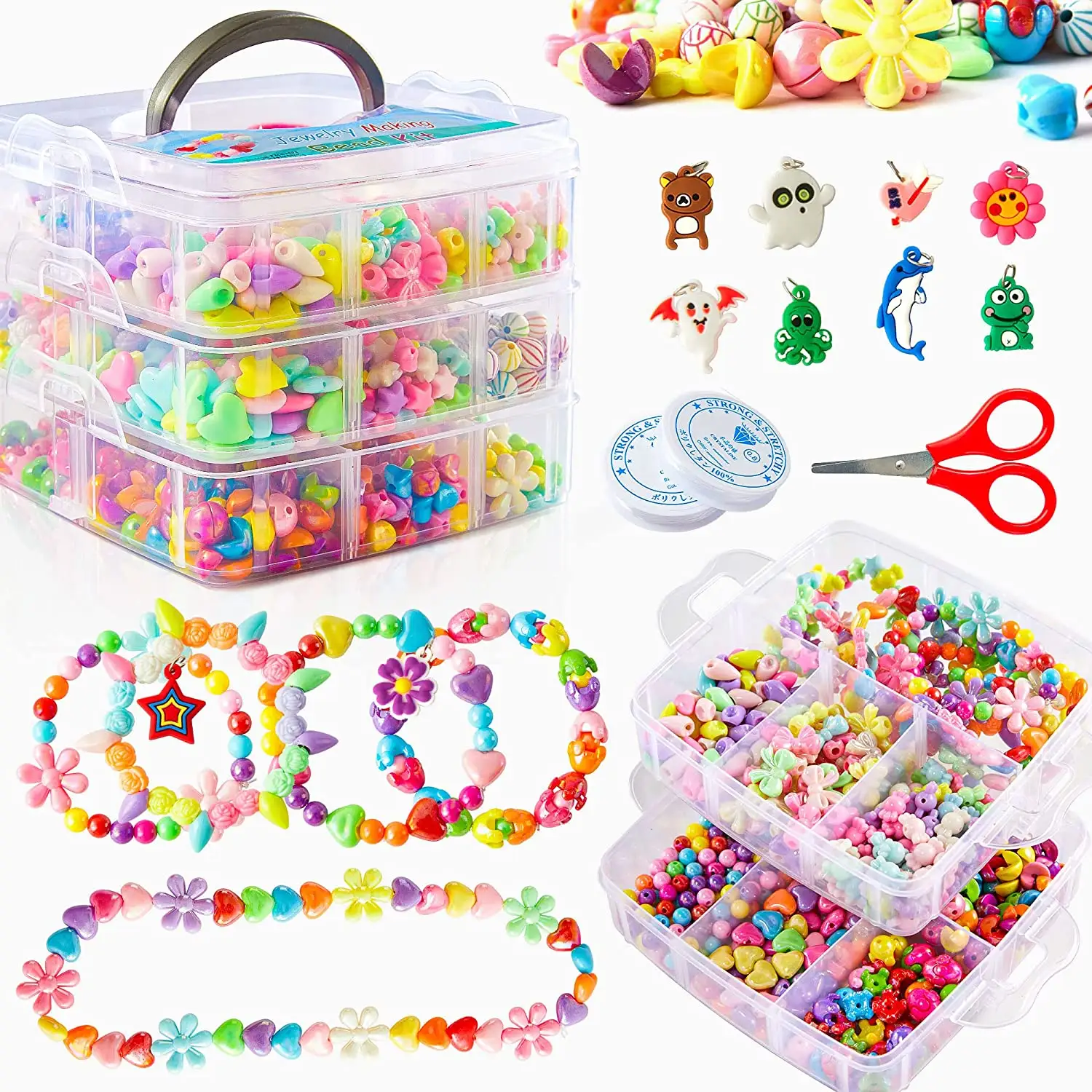 Cuentas de colores para niños, kit de cuentas para hacer joyas artesanales para hacer pulseras, juguetes para niñas