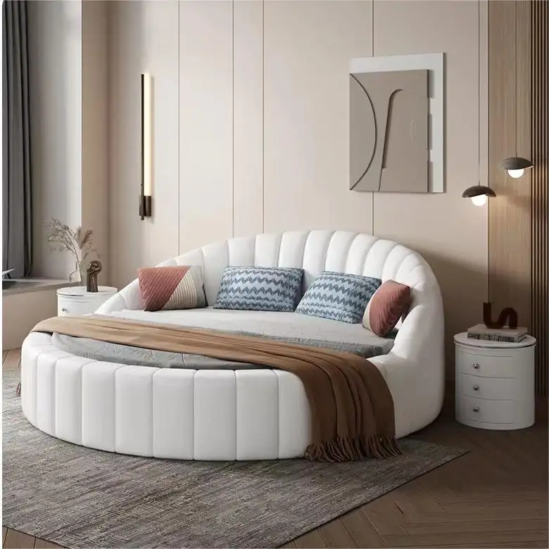 سرير مرتفع مُنجد حجم كبير لفندق فاخر مستدير من الجلد مع وحدات تخزين لأثاث غرفة النوم