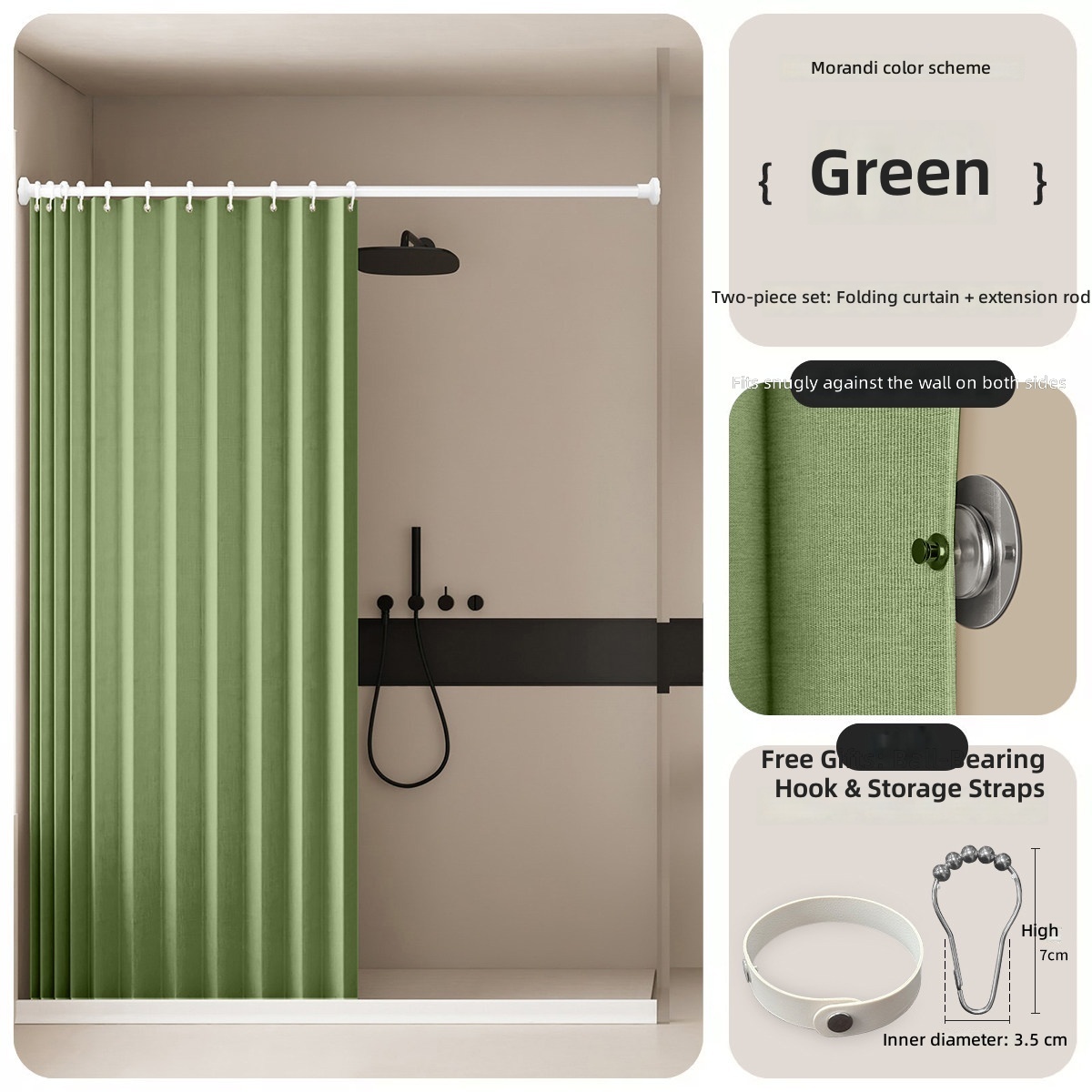Rideau de douche pliant - Vert (avec tringle de tension incluse)