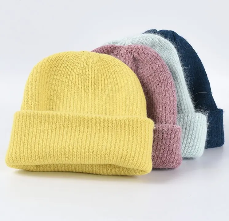 Gorro angora de pele de coelho, venda no atacado, gorro tricotado de acrílico para mulheres, vestido quente para o inverno