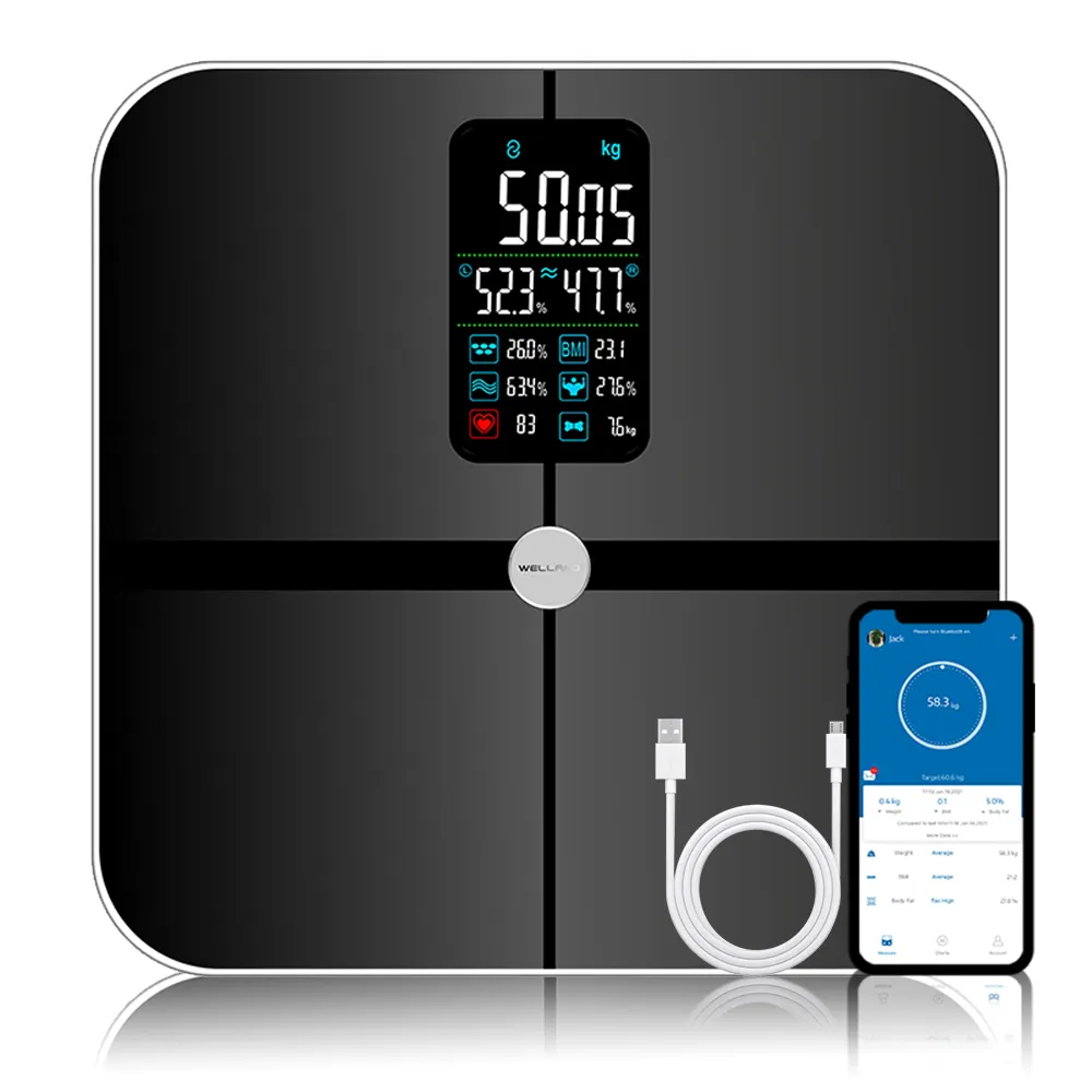 عالية الجودة قوية الرقمية USB شحن الوزن التطبيق الذكي Fitdays OEM شعار طباعة مقياس الدهون في الجسم الإلكترونية