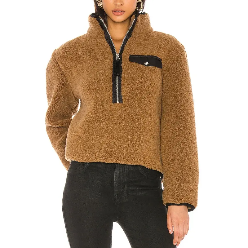 New designs women & ladies pullover brown faux fur half zipper fleece jacket stand collar