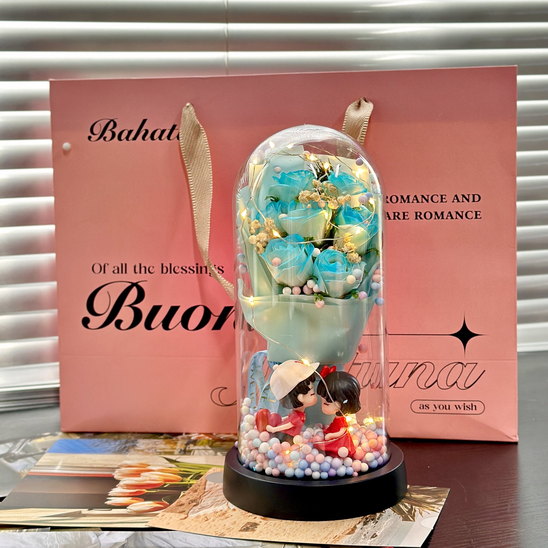 crushed ice blue+glass cover + gift bag + battery greeting card