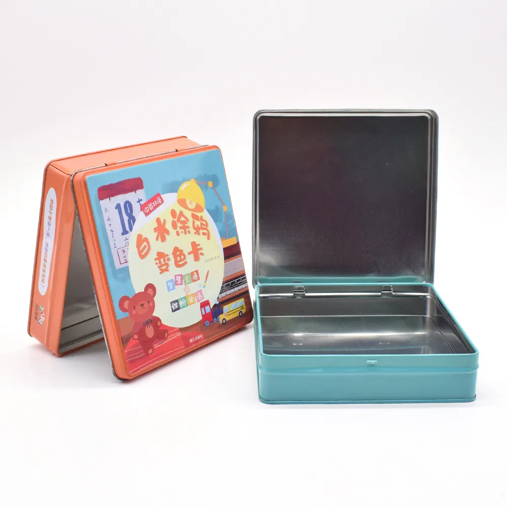 Caixa de lata para embalagem, recipiente estampado personalizado de desenho animado, caixa de metal para brinquedos, cartas de jogo, biscoitos, chocolate, caixa quadrada com tampa articulada