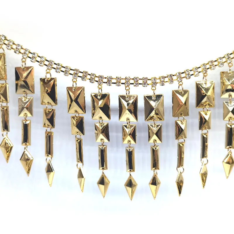 Custom novo design 2024 cristal longo borlas cadeia aparar ouro franja strass guarnições para o carnaval corpo roupas acessórios