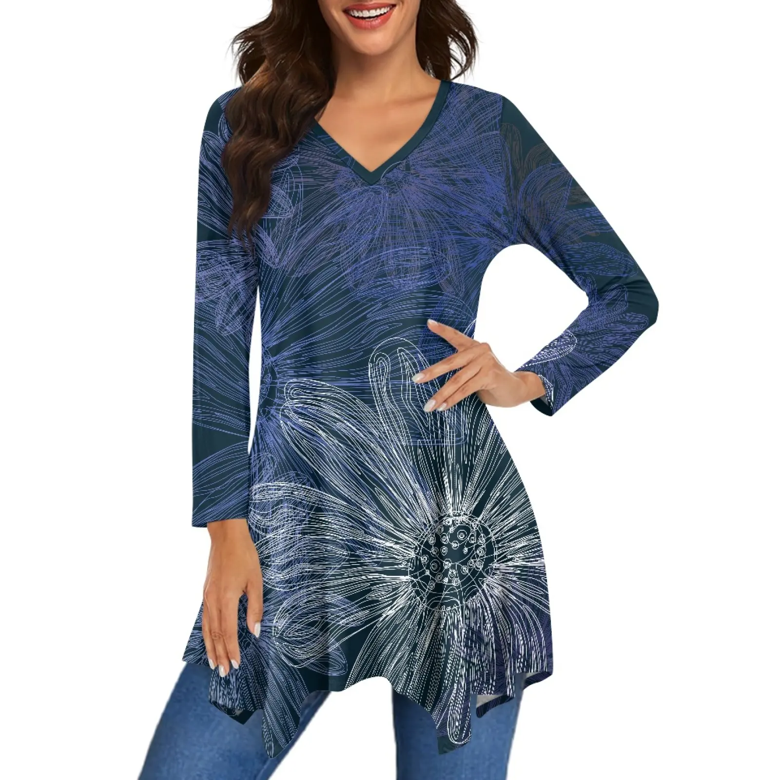 Élégant bleu grisâtre avec fleur imprimé fantaisie tunique grande taille pour femmes manches 3/4 balançoire chemisiers fluides décontracté coupe ample hauts habillés