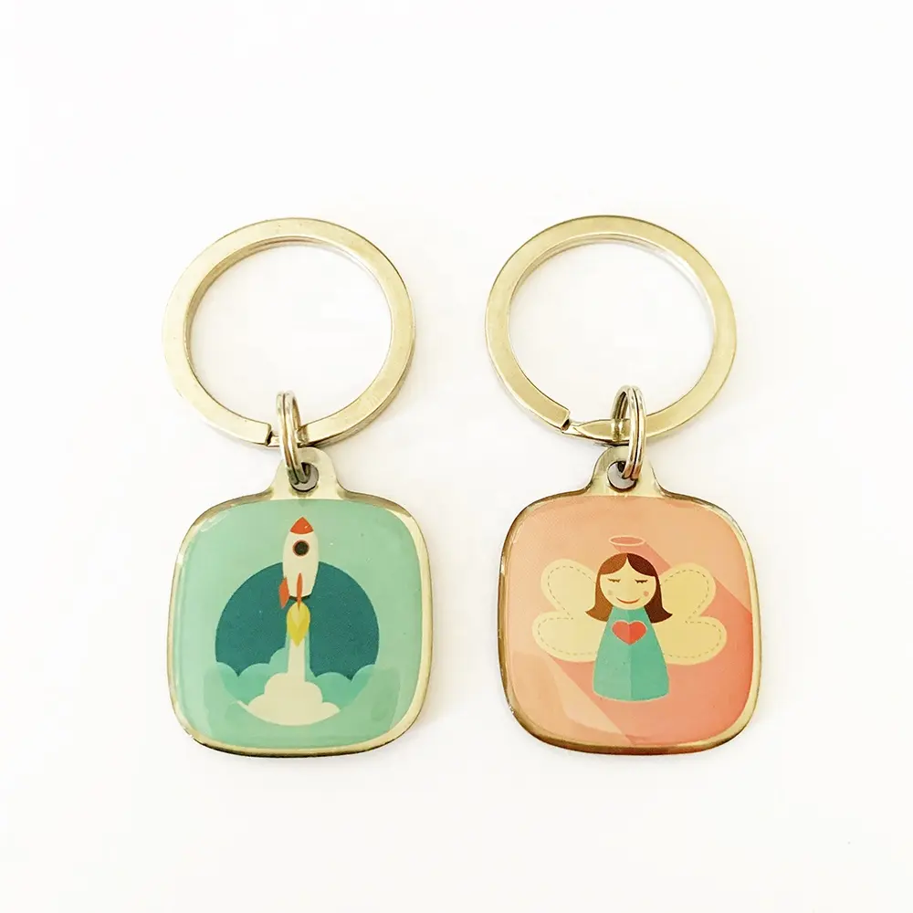 New Kim Loại Sắt Không Gỉ Vuông Hình Chữ Nhật In Biểu Tượng Tùy Chỉnh Epoxy Key Chain Với Vòng Chìa Khóa Cho Công Ty