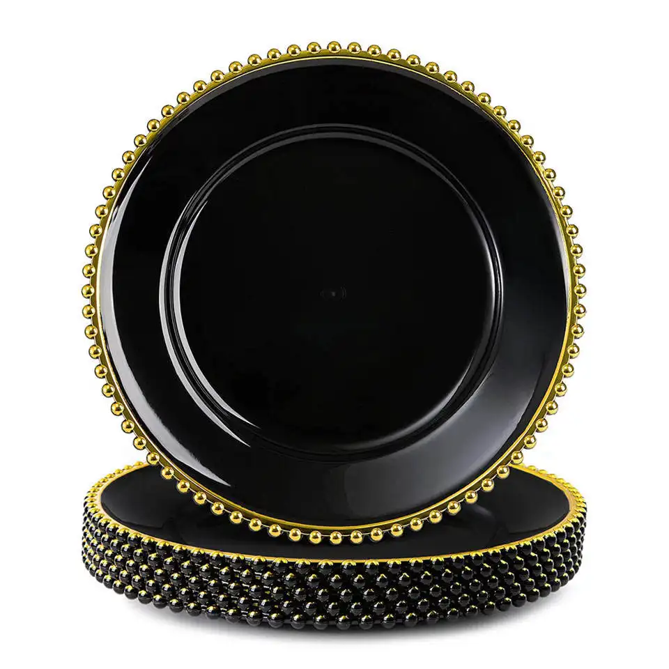 แผ่นชาร์จสีดำขนาด13นิ้วจานกลมพลาสติกลูกปัดขอบทองสำหรับงานเลี้ยงงานแต่งงานของตกแต่งร้านอาหาร