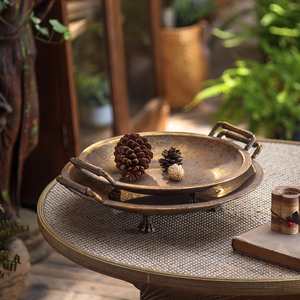 <strong>Vintage</strong> Gold <strong>Metal</strong> Distressed Iron Hotel Table Decorative Round Serving <strong>Trays</strong> for Home Decor - Product Image 1