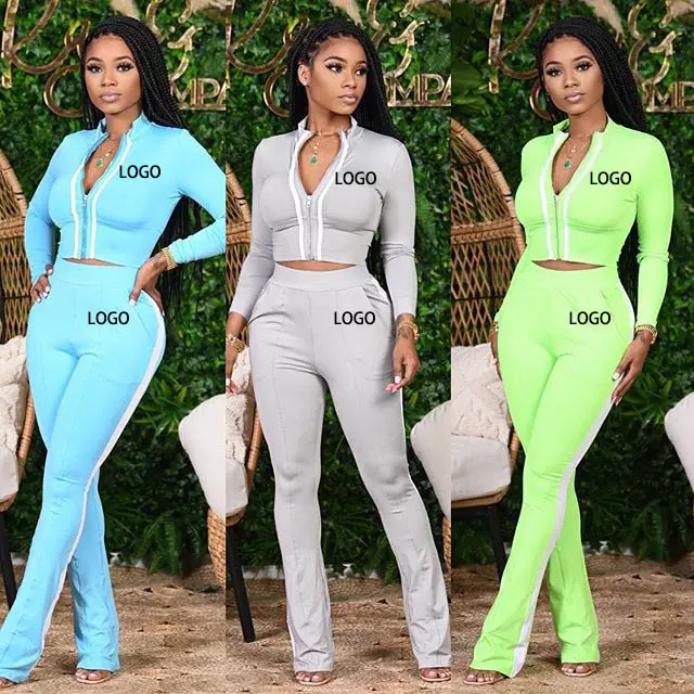 Bộ Quần Hai Mảnh Tùy Chỉnh Zip Up Phản Quang Crop Top Quần Thun Thể Thao Trang Phục Mùa Thu 2021 Quần Áo Nữ 2 Mảnh Bộ Phụ Nữ