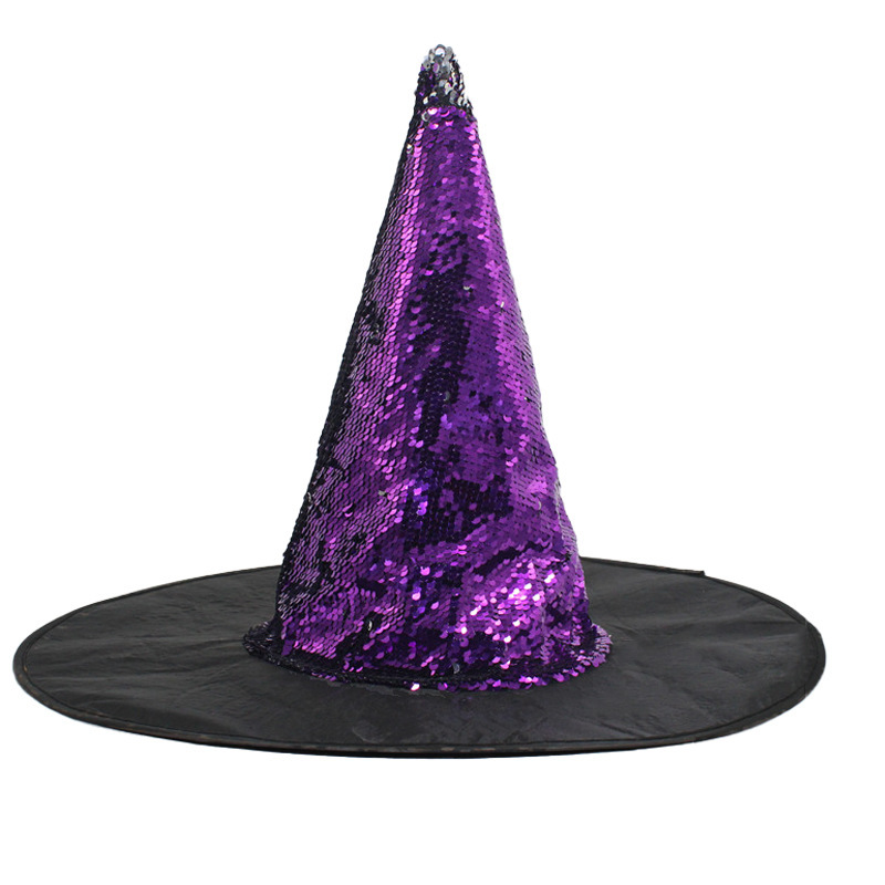 Cappello da strega reversibile con paillettes viola
