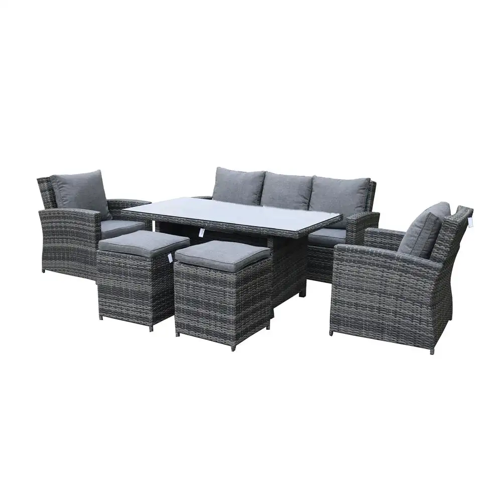Yoho 6 pieces modern outdoor garden furniture set all weather combination PE rattan dining sofas with 2 stools