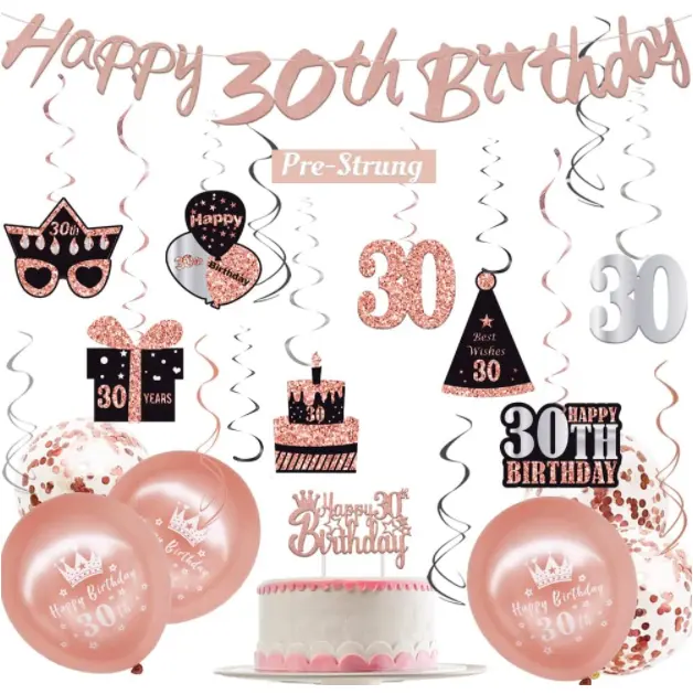 Pingentes de papel para festa de feliz 30 anos, blusa de ouro rosa para pendurar, bolinhas e bolinhas, balões de látex estampados em hélio, decoração ideal para aniversário